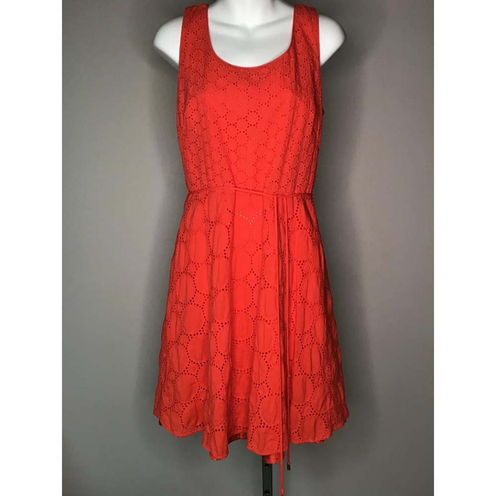 Coral Eyelet Lace‎ Sleeveless Fit & Flare Dress w/Waist Tie Sz 10 Cottage Resort